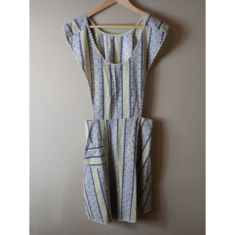Vintage No Tie Apron Black Yellow Geometric Pattern Stripped Pockets S M READ